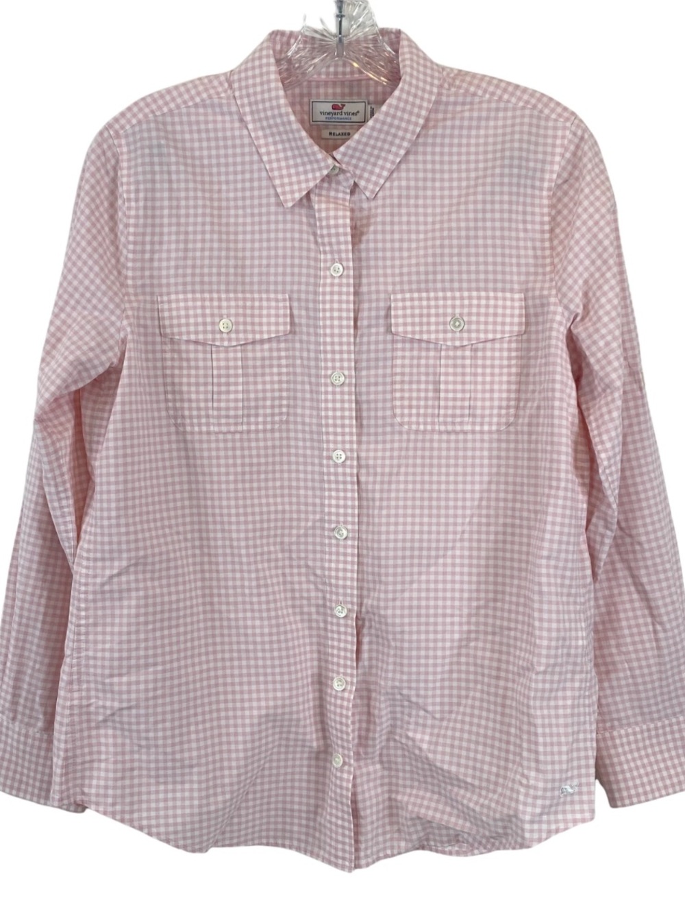Vineyard Vines Performance Relaxed Size 4 Pink White Checkered Shirt.